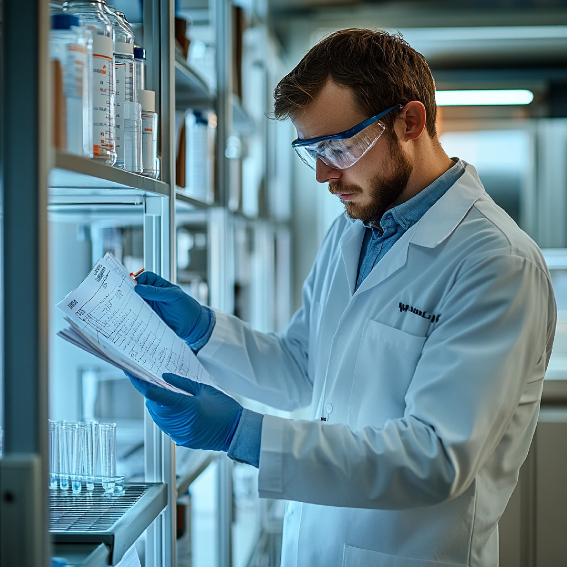 Pesquisador analisando documentação técnica em laboratório